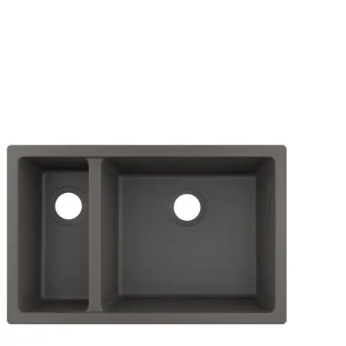 Zweiseitige Unterbauspüle in Steingrau von Hansgrohe, mit zwei identischen Becken und jeweils einem Loch für Armaturen.